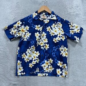 Hawaii Station Aloha Shirt Mens 15-16 Blue White Plumeria Aloha Floral Button Up